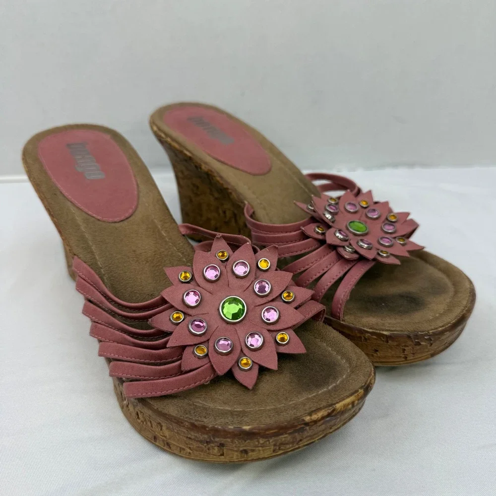 Bongo Vintage Pink Floral Rhinestone Wedge Sandals Y2K Cork Platform Slides